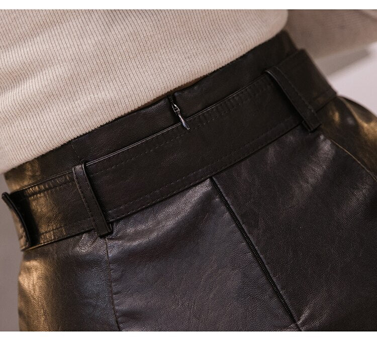 PU Leather Pencil Midi Skirts with Belt High Waist Split OL Elegant Sheath Wrap Skirts - MERGE.DAY.1.FREESTYLE