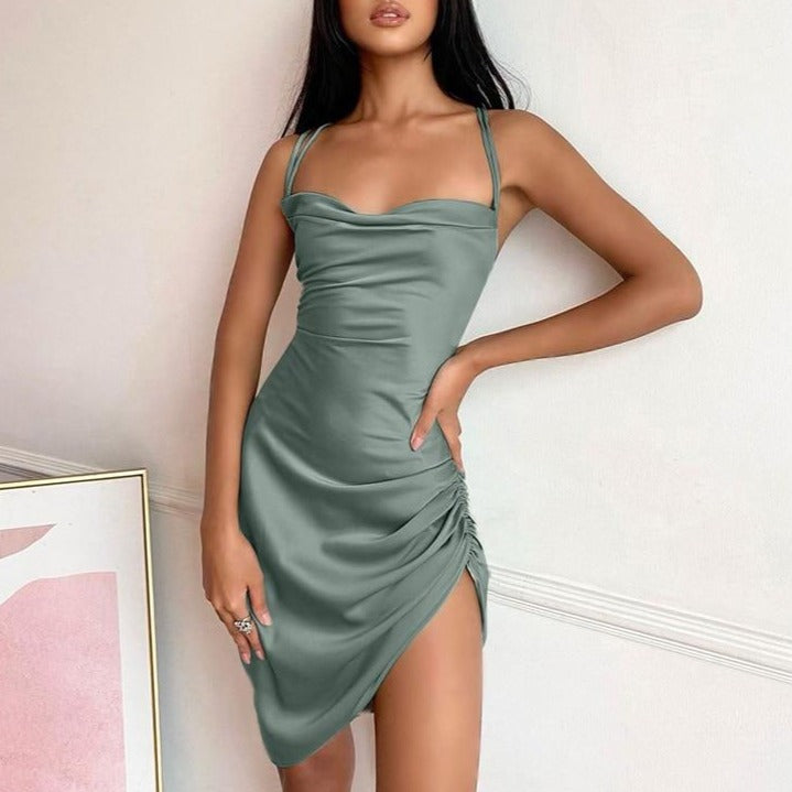 Satin Women Strap Mini Dress Ruched Lace Up Cross Bandage Backless Bodycon Sexy Party Elegant - MERGE.DAY.1.FREESTYLE