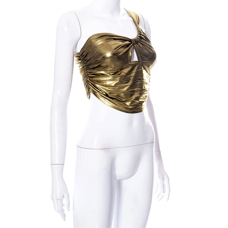 Sexy Slant Shoulder Sleeveless Bodycon Crop Women Bright Ruched Cut Out Corset Top 2022 Summer - MERGE.DAY.1.FREESTYLE