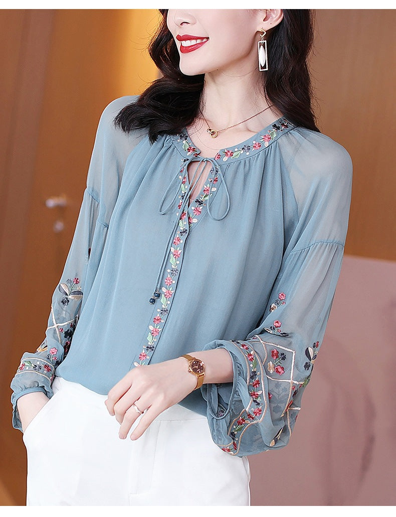 Chiffon Embroidery Blouse Long Lantern Sleeve Loose Top Casual Wear Oversize Casual Wear - MERGE.DAY.1.FREESTYLE
