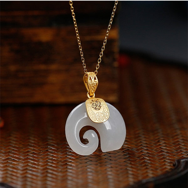 Vintage White Hetian Jade Elephant Pendant 18K Gold Plated Chain Necklace - MERGE.DAY.1.FREESTYLE