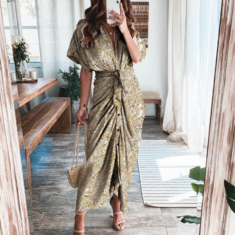 Vestido largo elegante de verano para mujer, de manga corta, con abertura, cuello tipo polo, botones y drapeado para fiesta