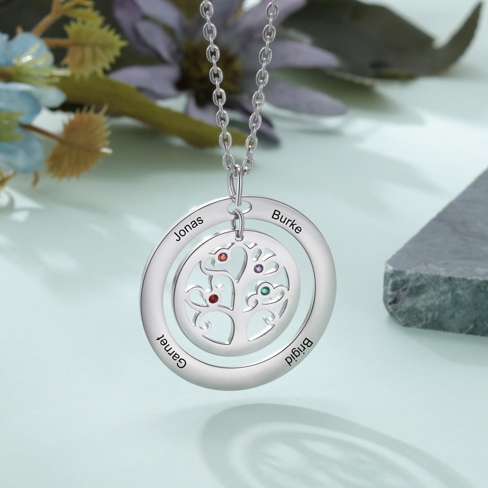 Tree of Life Name Necklace with Birthstone Name Engraved Pendant Family - MERGE.DAY.1.FREESTYLE