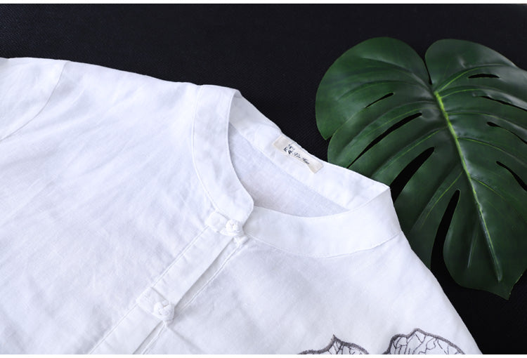 Cotton Shirt Long Sleeve Embroidery Blouse Stand Collar Loose Long Top Office Lady Casual Wear - MERGE.DAY.1.FREESTYLE