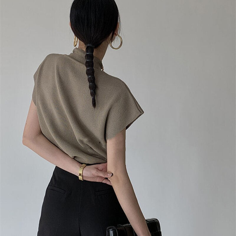French Turtleneck Knitted Women Spring Summer Design Loose Short Sleeve Cropped Tops Female - MERGE.DAY.1.FREESTYLE