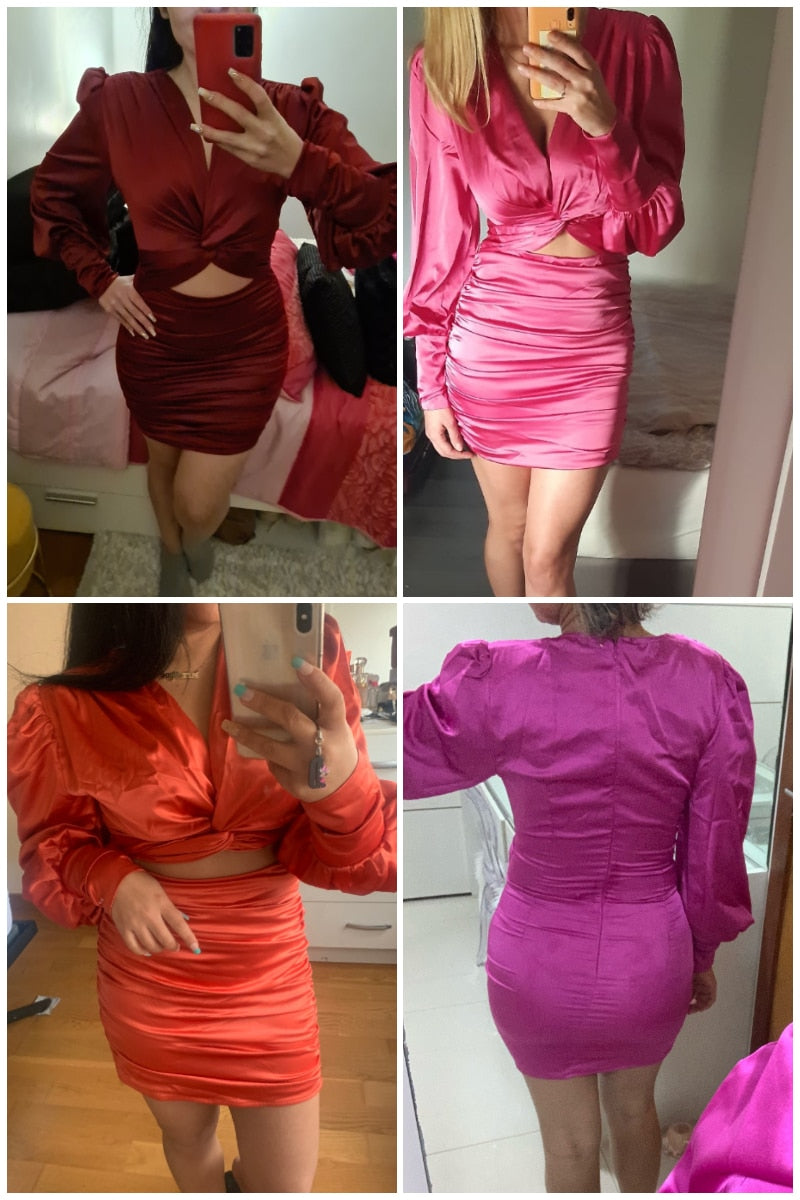 deep v neck bodycon dress Party club hollow out mini dress Elegant lantern sleeve satin dress - MERGE.DAY.1.FREESTYLE