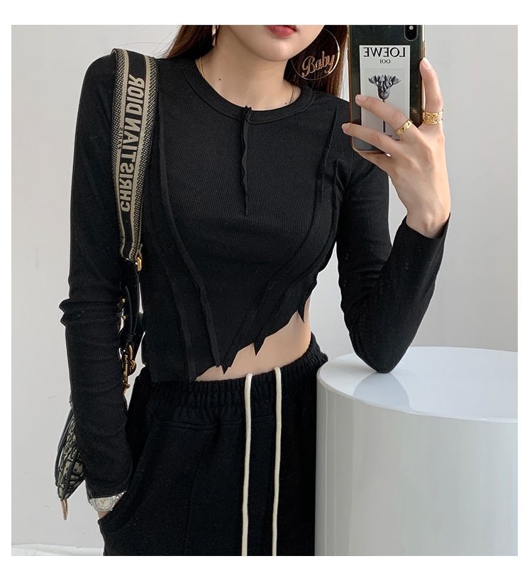 Skinny Crop Tops Women Irregular Oblique Edge T-shirts Female Crewneck Long Sleeve - MERGE.DAY.1.FREESTYLE