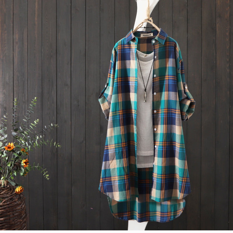 100% Cotton Plaid Shirt Long Sleeve Button Up Casua Loose Blouse Plus Size - MERGE.DAY.1.FREESTYLE