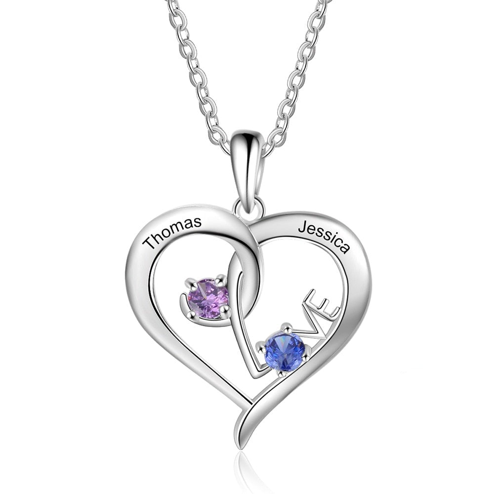 Personalized Heart Necklace with Birthstone Custom Name Engraved Pendant - MERGE.DAY.1.FREESTYLE