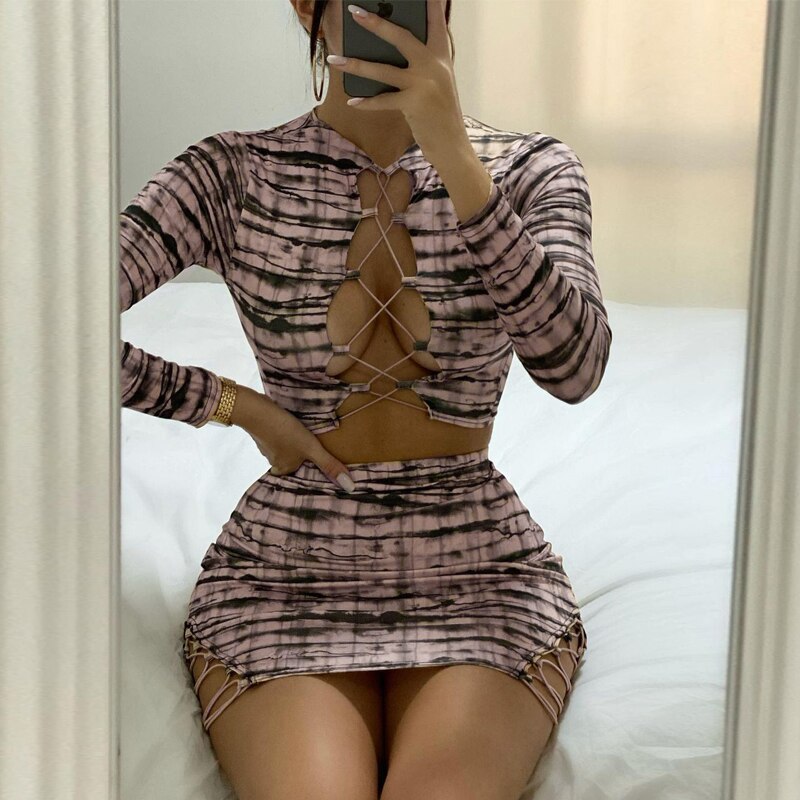 Print Satin Long Sleeve Bandage Crop Top Mini Dress 2 Pieces Set - MERGE.DAY.1.FREESTYLE