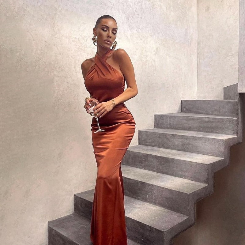 Solid Satin Halter Sleeveless Slim Bodycon Maxi Dress - MERGE.DAY.1.FREESTYLE