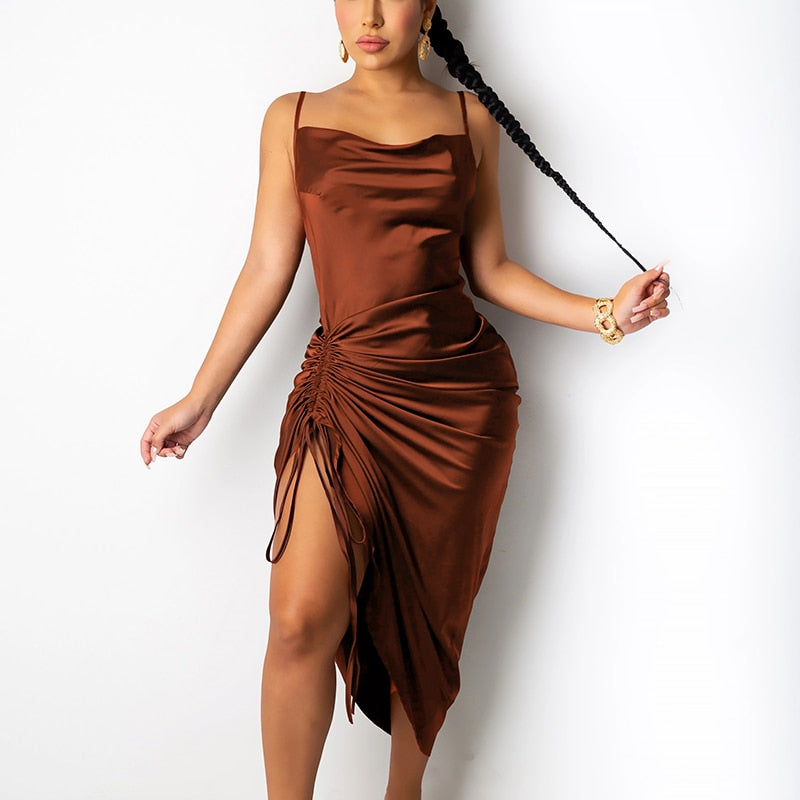 Ruched Satin Summer Dress Drawstring Spaghetti Straps Cowl Neck Backless Long Dresses - MERGE.DAY.1.FREESTYLE
