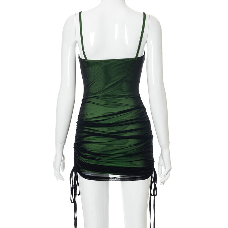 Women Mesh Bodycon Mini Green Dress Spaghetti Strap Lace Up Ruched Slim - MERGE.DAY.1.FREESTYLE