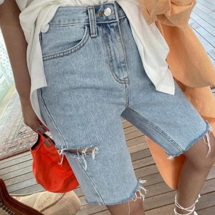 Women High Waist Riped Button Up Female Denim Shorts Jeans - MERGE.DAY.1.FREESTYLE