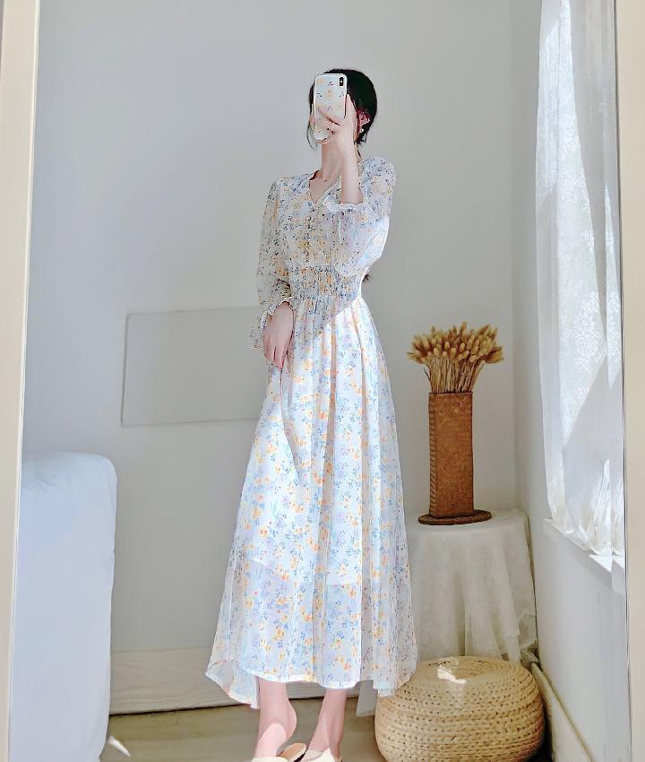 V-neck Chiffon Floral Dress Women Spring Summer Fairy Long Dresses Female - MERGE.DAY.1.FREESTYLE