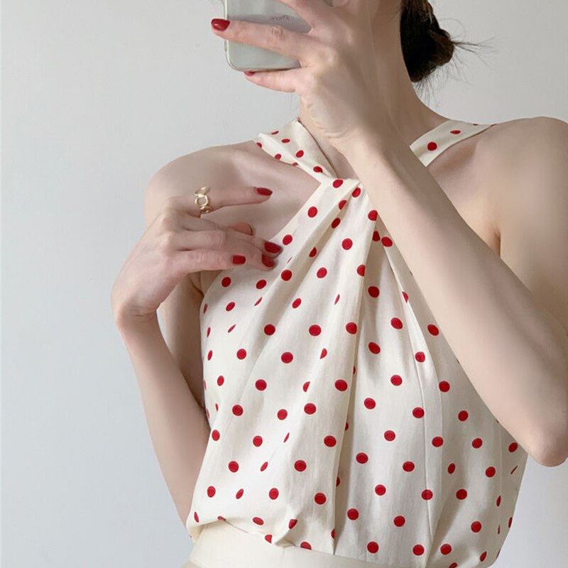 Backless Camis Women Summer Polka Dot Twist Halterneck Vest Female Casual Chiffon Tops - MERGE.DAY.1.FREESTYLE