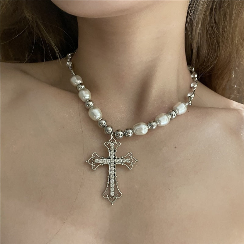 Bling Cross Pendant Necklaces for Women Girl Gift Wedding Neck Jewelry Goth Pearl Necklace - MERGE.DAY.1.FREESTYLE