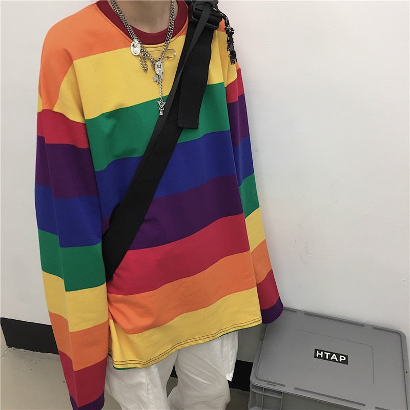 Rainbow Striped Women T Shirts Harajuku Fashion Tops Long Sleeves Oversize Tshirt O-Neck - MERGE.DAY.1.FREESTYLE