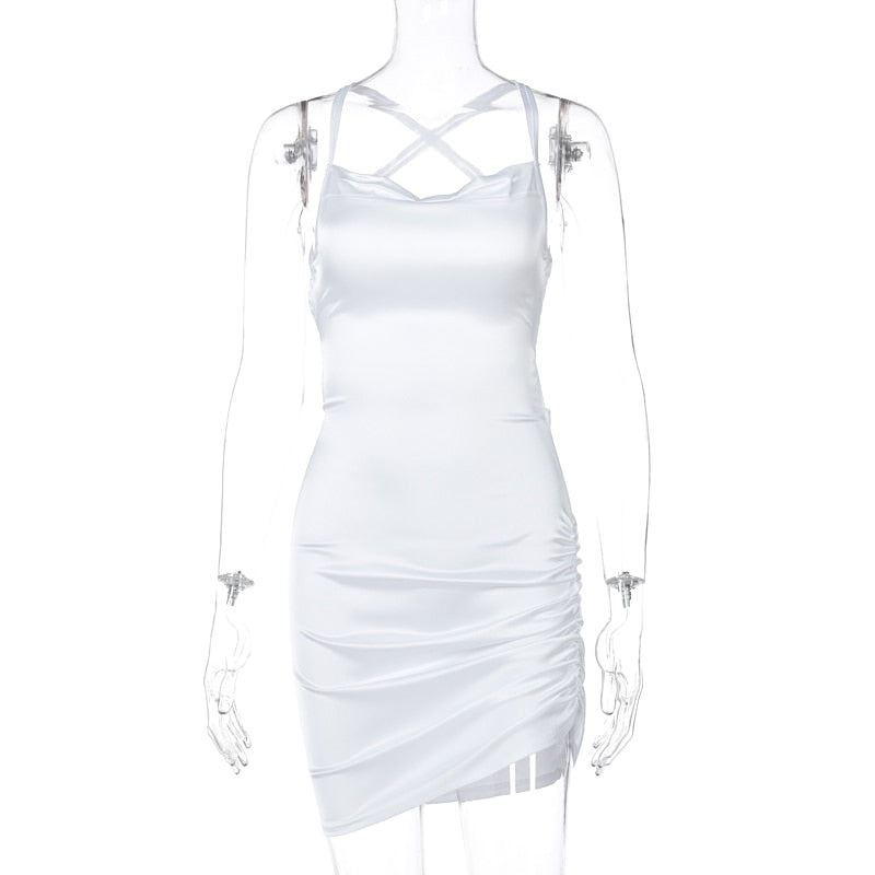 Satin Women Strap Mini Dress Ruched Lace Up Cross Bandage Backless Bodycon Sexy Party Elegant - MERGE.DAY.1.FREESTYLE