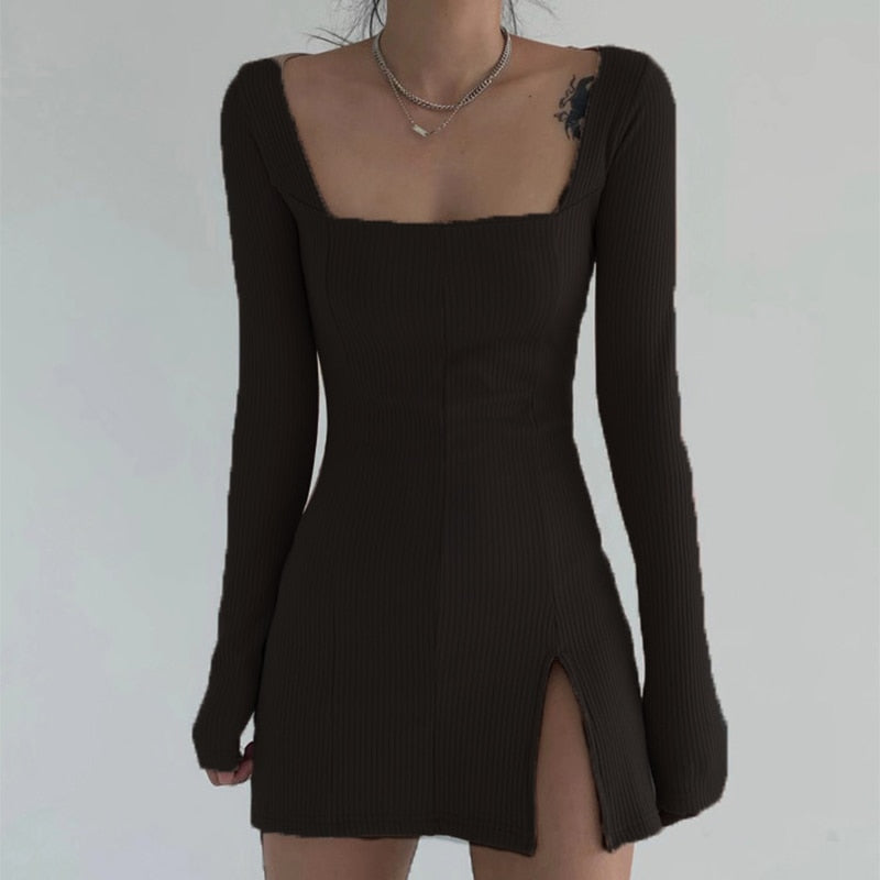 Square Neck Ribbed Black Dress Female Knitted Side Split Bodycon Dress Long Sleeve Mini Dresses - MERGE.DAY.1.FREESTYLE