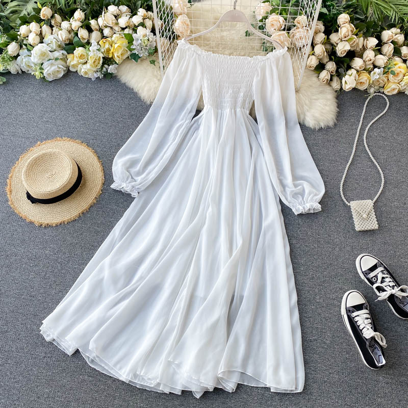 Holiday Puff Sleeve Slash Neck Off Shoulder Smocked White Chiffon Dresses - MERGE.DAY.1.FREESTYLE