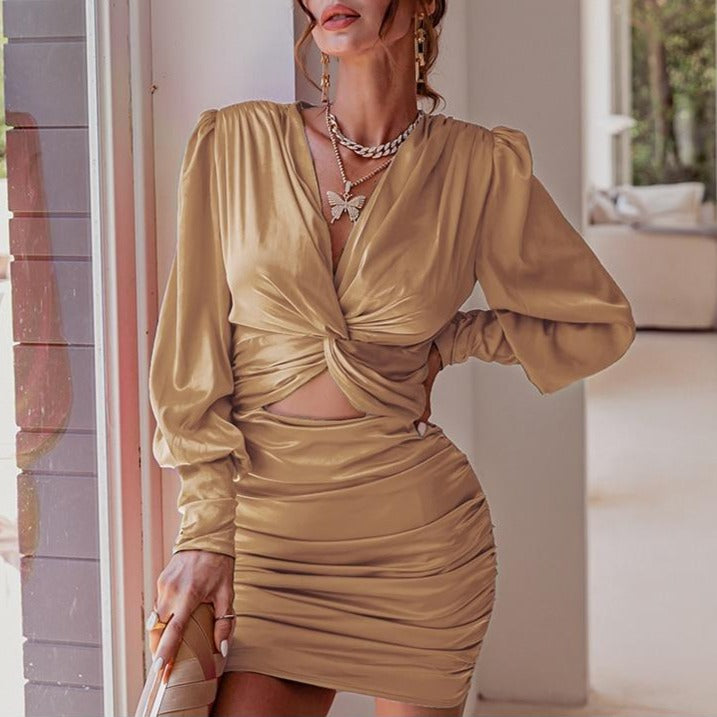 deep v neck bodycon dress Party club hollow out mini dress Elegant lantern sleeve satin dress - MERGE.DAY.1.FREESTYLE