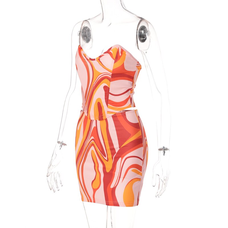 Print Off Shoulder Sleeveless Colorful Crop Top Mini Dress 2 Pieces Suit - MERGE.DAY.1.FREESTYLE