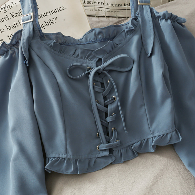French Bandage Off Shoulder Ruffle Top Female Elegant Long Sleeve Shirt Y2k - MERGE.DAY.1.FREESTYLE