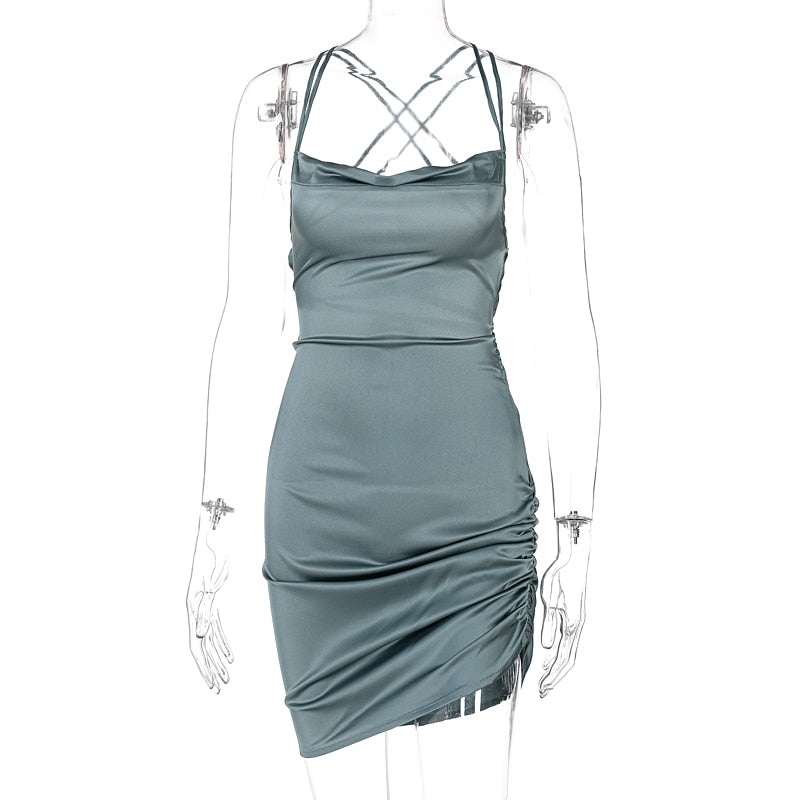 Satin Women Strap Mini Dress Ruched Lace Up Cross Bandage Backless Bodycon Sexy Party Elegant - MERGE.DAY.1.FREESTYLE