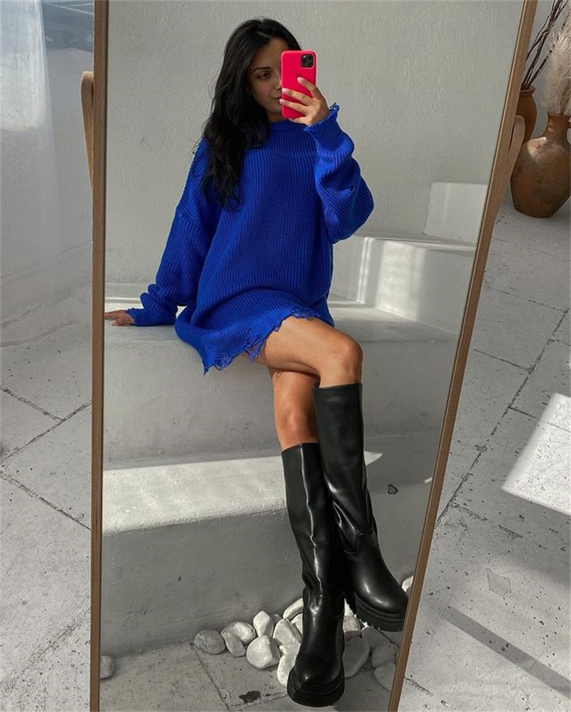 O Neck Oversized Mini Knitted Women Sweater Loose Dresses Autumn Winter Long Sleeve - MERGE.DAY.1.FREESTYLE