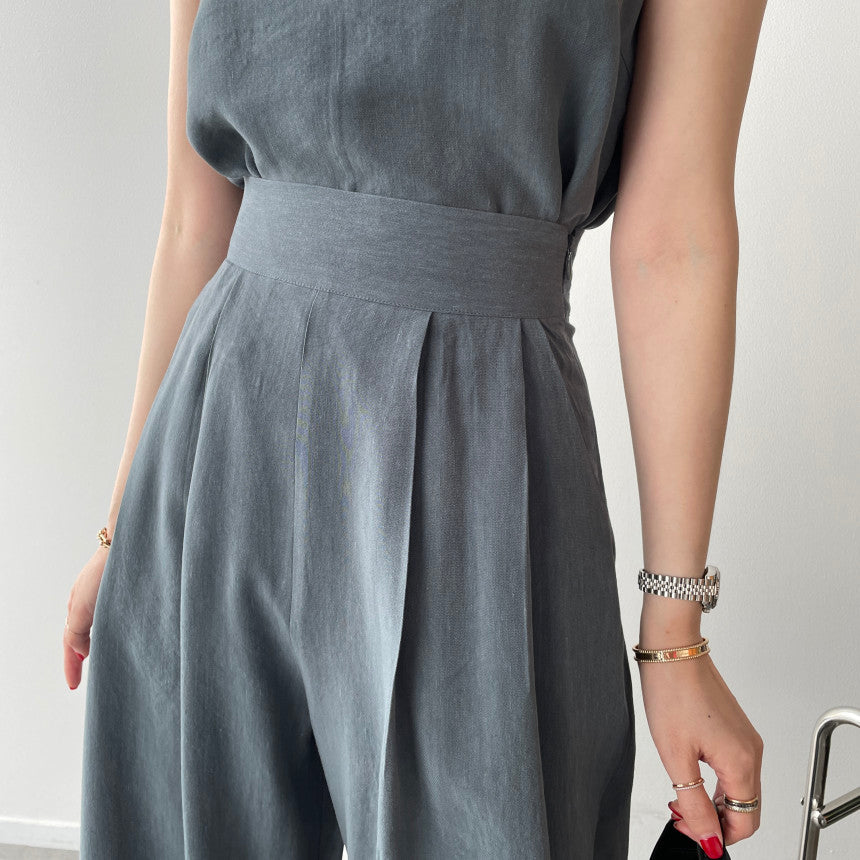 Office Ladies 2-Piece Women Square Neck Loose Vest Top + High Waist Pleated Wide Leg Pants - MERGE.DAY.1.FREESTYLE