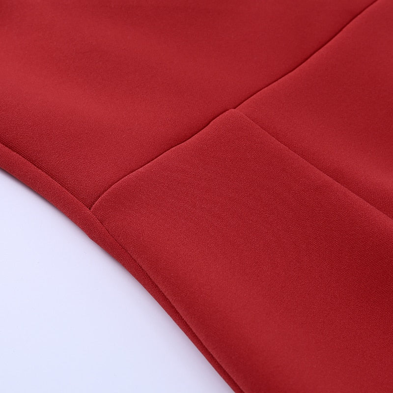 Slim V Neck Long Sleeve Mid Calf Pencil Dress 2022 Casual Office Lady Solid Red Puff Sleeve - MERGE.DAY.1.FREESTYLE