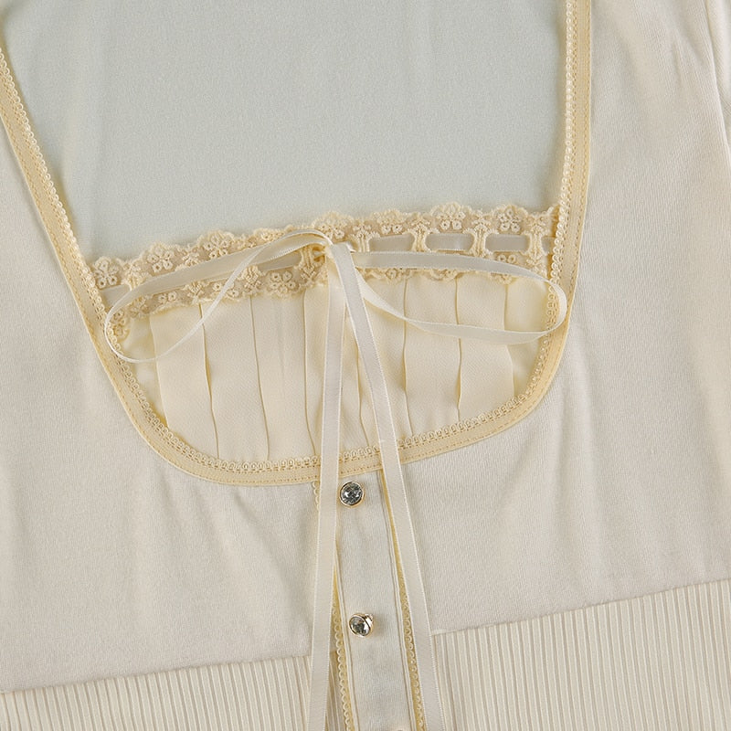 Sweet Cute Crop Top Lace Frill Bow Pullovers Vintage Square Collar T Shirt - MERGE.DAY.1.FREESTYLE