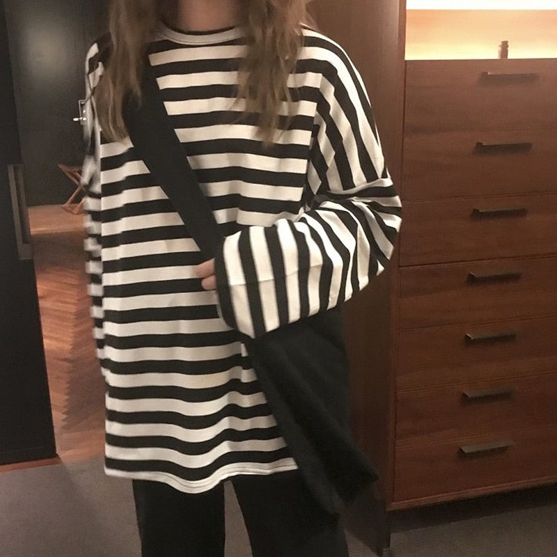 Women harajuku Striped Tshirt Long Sleeve O-Neck T-Shirts Casual oversized T Shirt - MERGE.DAY.1.FREESTYLE