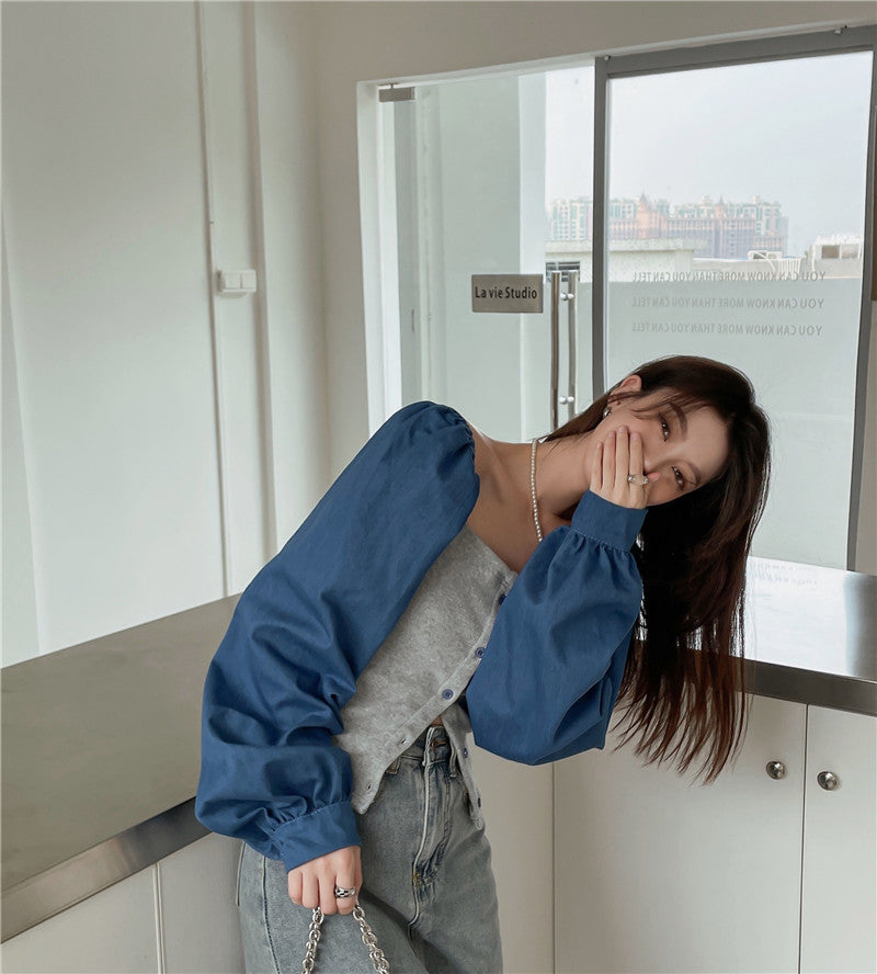 Patchwork Denim Shirts Women French Square Collar Puff Blouses Long Sleeve Crop Tops - MERGE.DAY.1.FREESTYLE