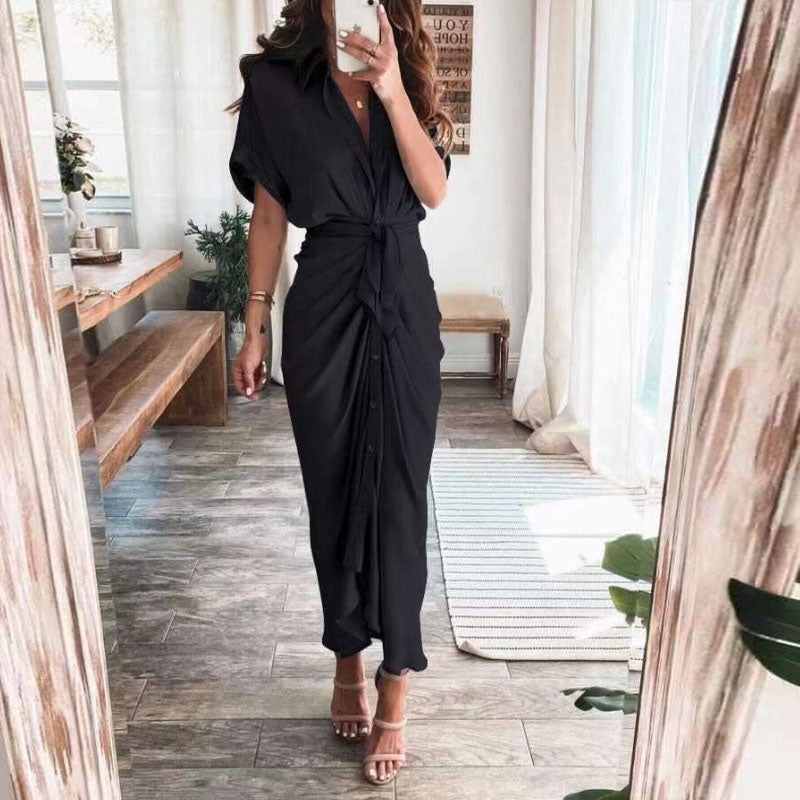 Vestido largo elegante de verano para mujer, de manga corta, con abertura, cuello tipo polo, botones y drapeado para fiesta