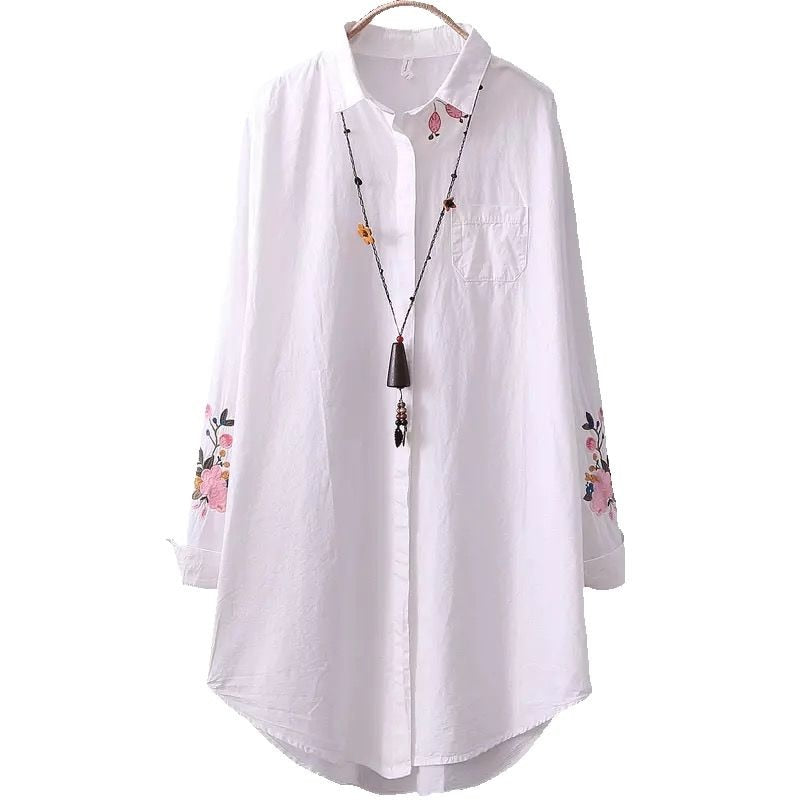 White Shirt Casual Wear Button Up Turn Down Collar Long Sleeve Cotton Blouse Embroidery - MERGE.DAY.1.FREESTYLE