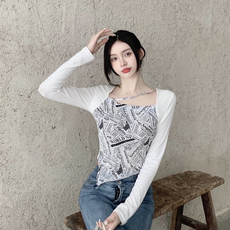 Letter Printed T-shirt Women Fake Two-piece Sexy Slim Long Sleeved Tops Female Cropped Tops - MERGE.DAY.1.FREESTYLE