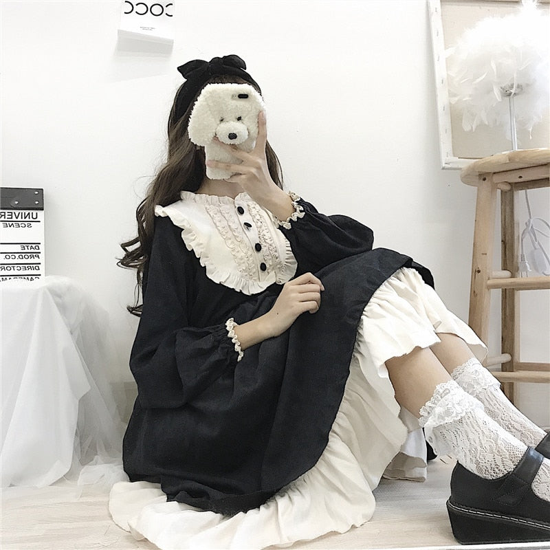 Japanese Style Women'S Dresses O-Neck High Waist Slimming Contrast-Color Ruffled Sweet Lolita Dress Kawaii - MERGE.DAY.1.FREESTYLE