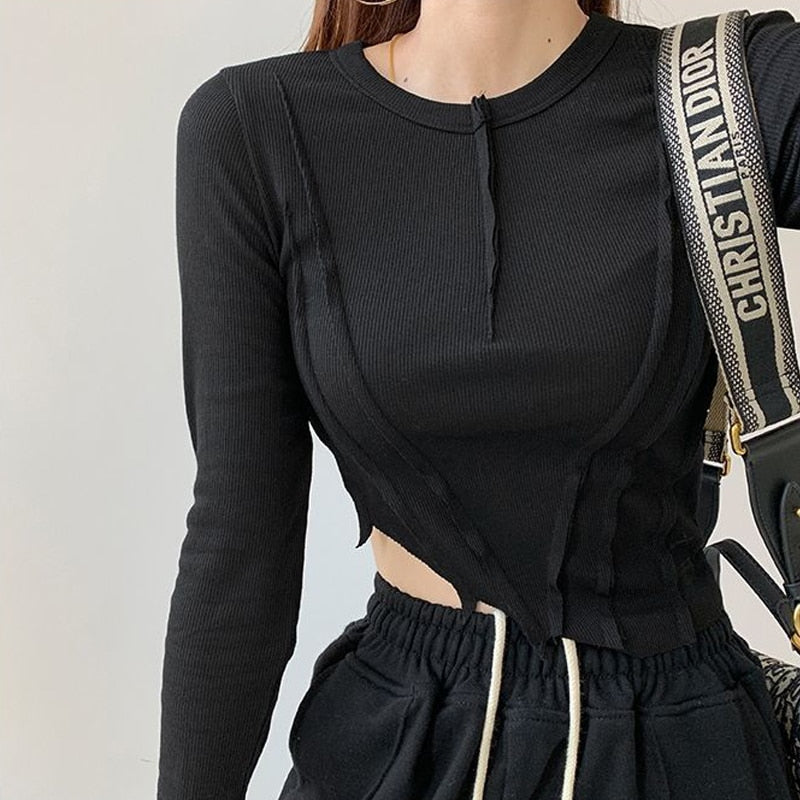 Skinny Crop Tops Women Irregular Oblique Edge T-shirts Female Crewneck Long Sleeve - MERGE.DAY.1.FREESTYLE