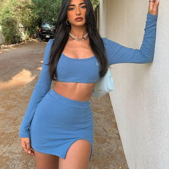 Long Sleeves Solid Navel Low Neck Bodycon Top Sexy Mini Dress Set - MERGE.DAY.1.FREESTYLE