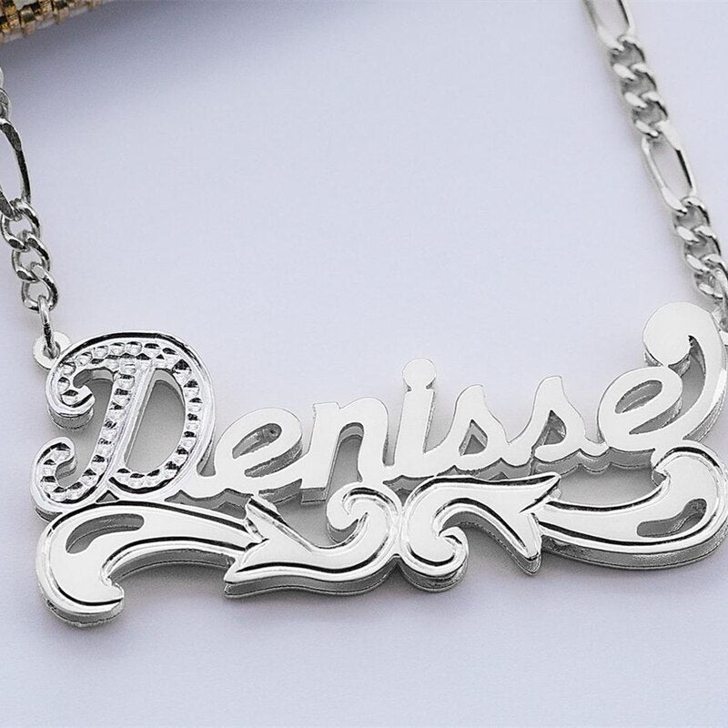 Customized Nameplate Necklace Double Name Plate Pendant Custom Letter With Figaro Chain - MERGE.DAY.1.FREESTYLE