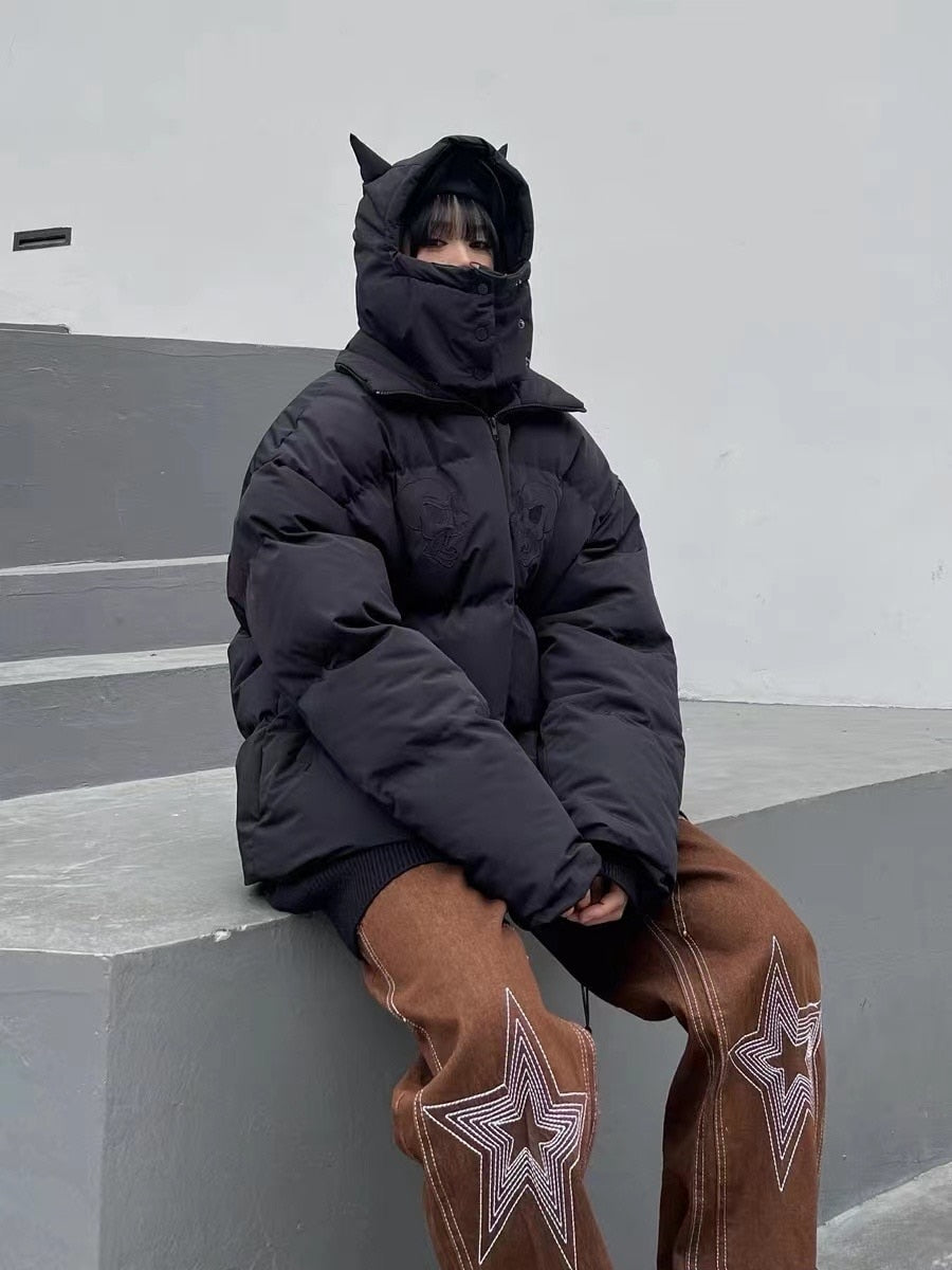 Embroidered Skull Jacket Streetwear Little Devil Designer Hood Padded Jacket Coat - MERGE.DAY.1.FREESTYLE