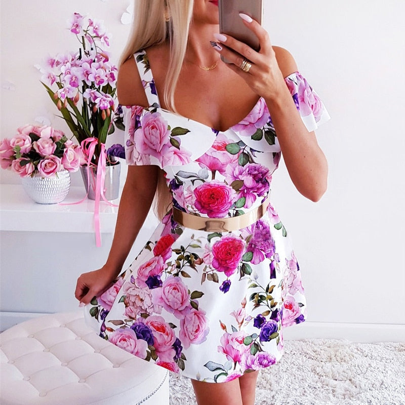 Streetwear Rullfes Decor Sling Strapless Short Sleeve Flower Print Mini Summer Dress - MERGE.DAY.1.FREESTYLE