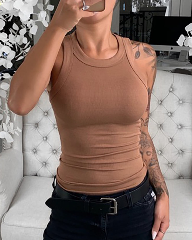 Women Solid Round Neck Ribbed Tank Top Camisole Women Summer Basic Elastic Tank Top - MERGE.DAY.1.FREESTYLE