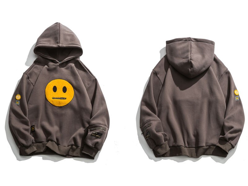 Zipper Pocket Smile Face Patchwork Fleece Hoodies Sweatshirts Streetwear - MERGE.DAY.1.FREESTYLE