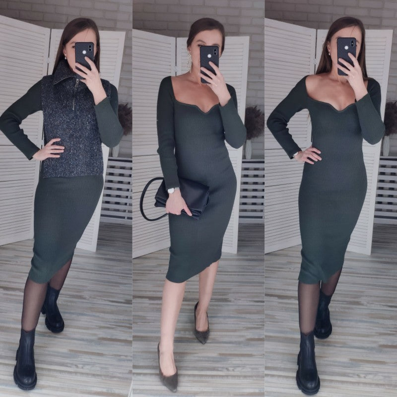 Strapless Ribbed Knitted Bodycon Dress Women Winter Long Sleeve Midi Sweater Dress - MERGE.DAY.1.FREESTYLE