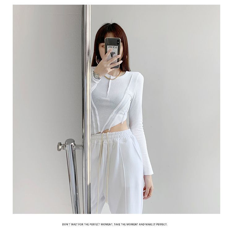 Skinny Crop Tops Women Irregular Oblique Edge T-shirts Female Crewneck Long Sleeve - MERGE.DAY.1.FREESTYLE