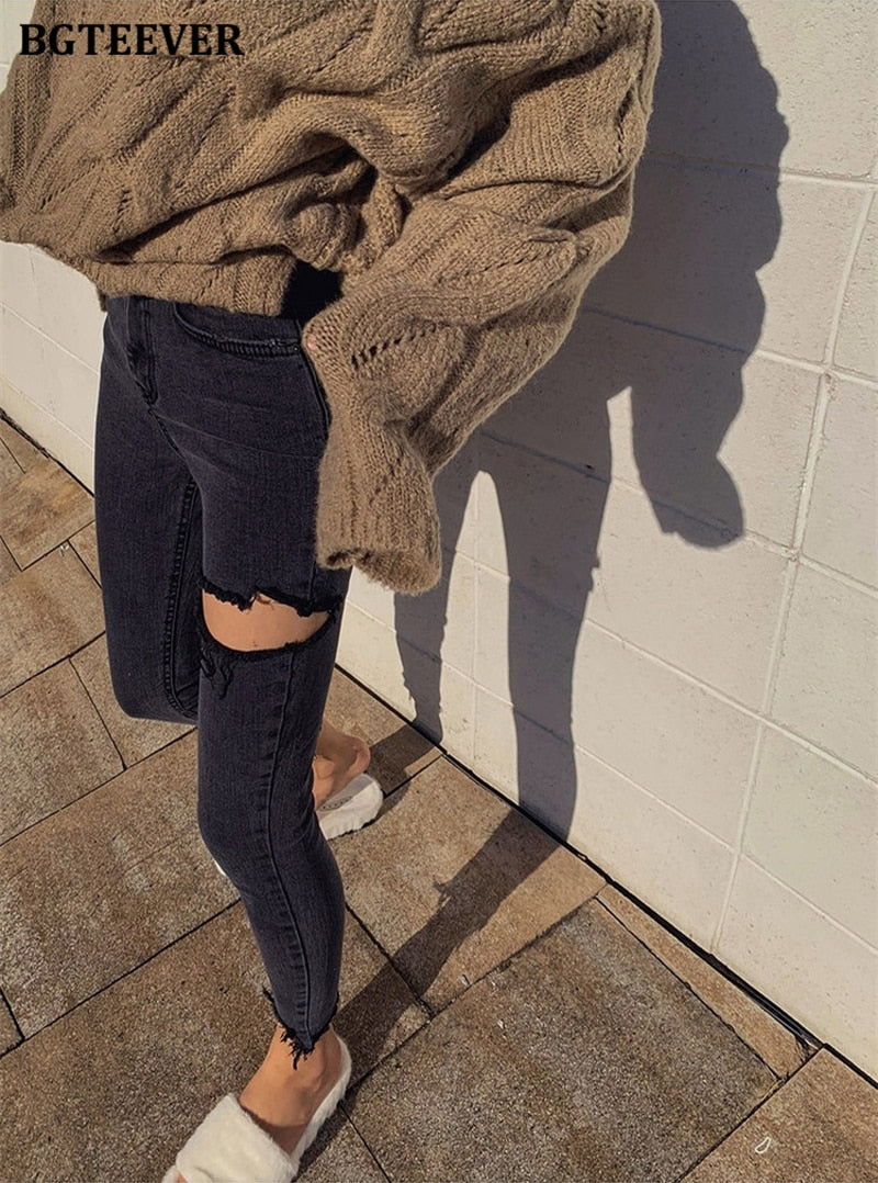 Irregular Ripped Holes Women Pencil Denim Jeans Stylish High Waist Stretched - MERGE.DAY.1.FREESTYLE