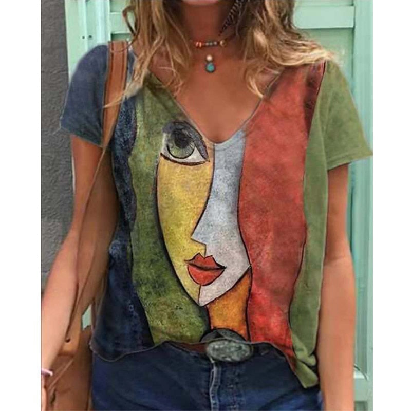 V Neck Tshirt Women's Summer Print Shirt Tops Loose Female Tee Streetwear Short Sleeve Clothes - MERGE.DAY.1.FREESTYLE